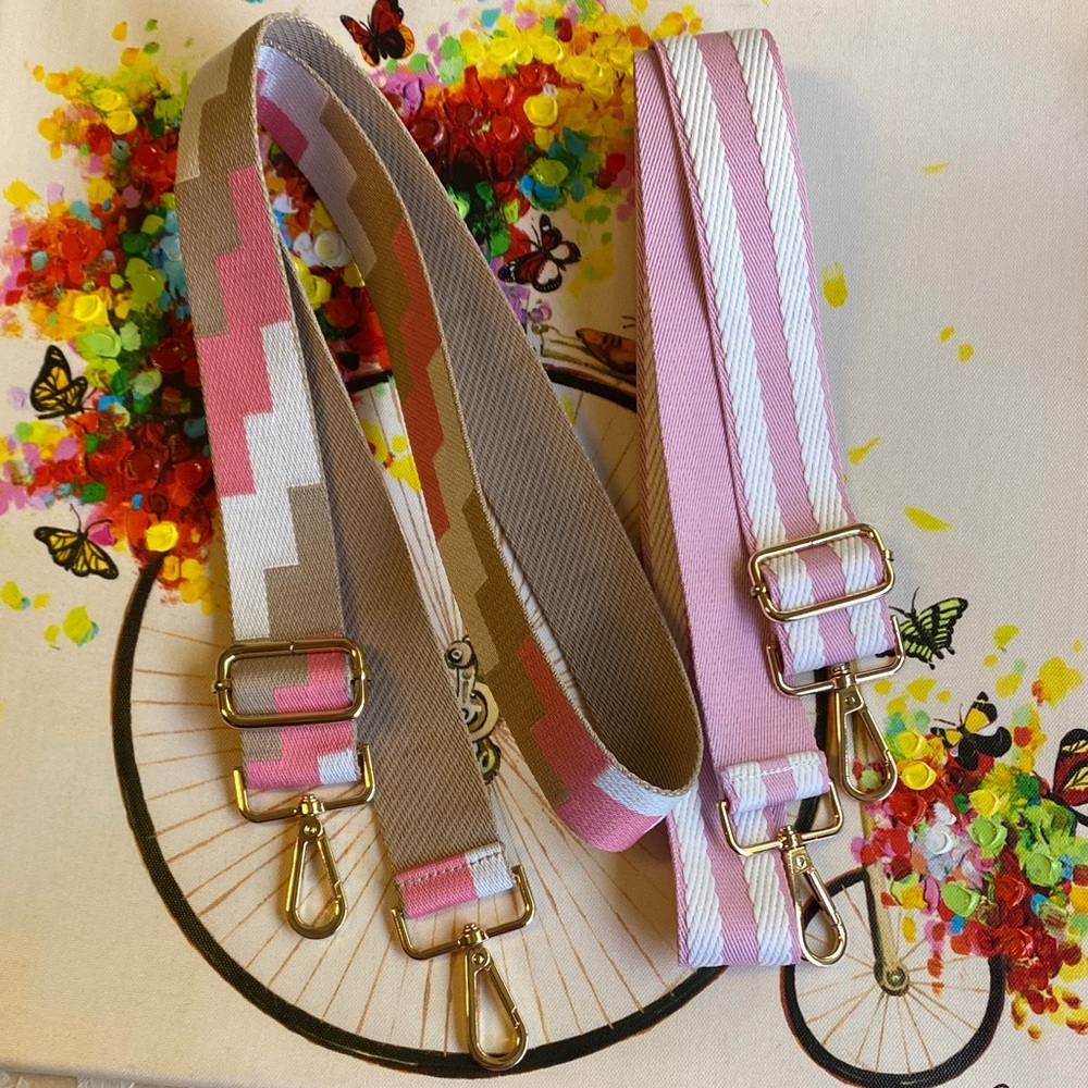 Pink & Beige Adjustable Canvas Bag Straps with Gold Hardware.